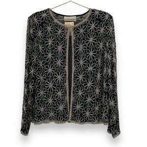 Vintage 90s Daisy Silk Beaded Evening Jacket Cardigan Black Silver S Deadstock